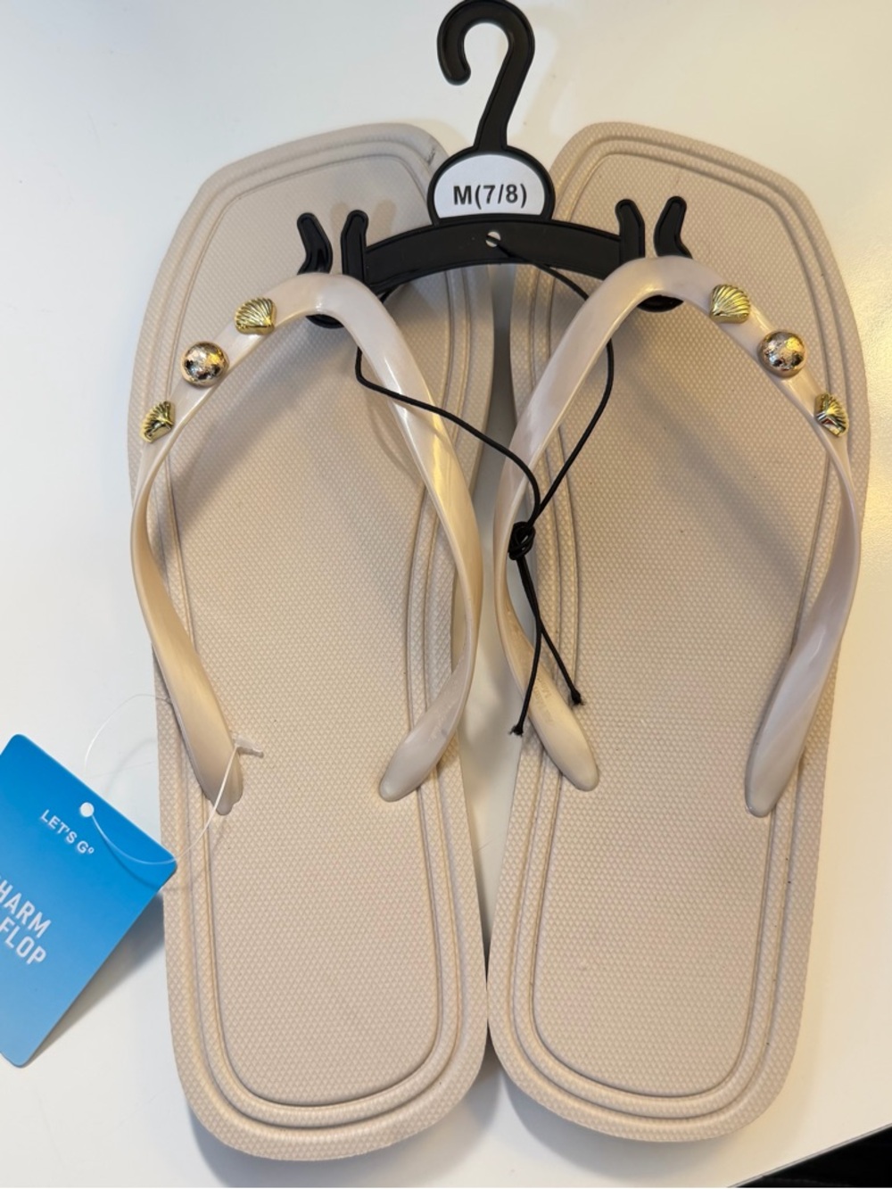 Beige Shell-Embellished Flip Flop Sandals